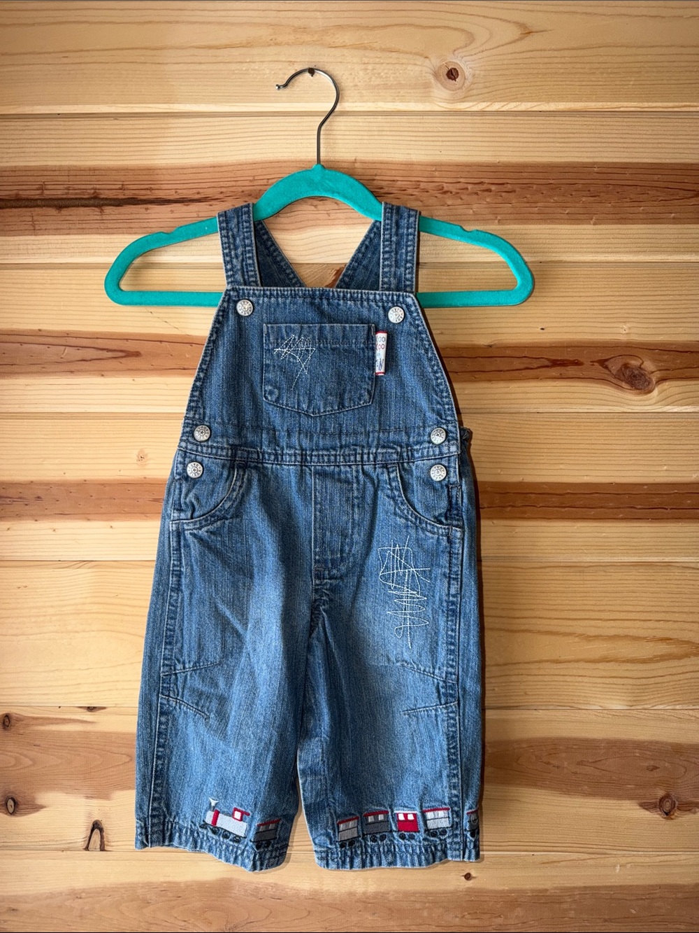 Kids Blue Denim Train Appliqué Overalls